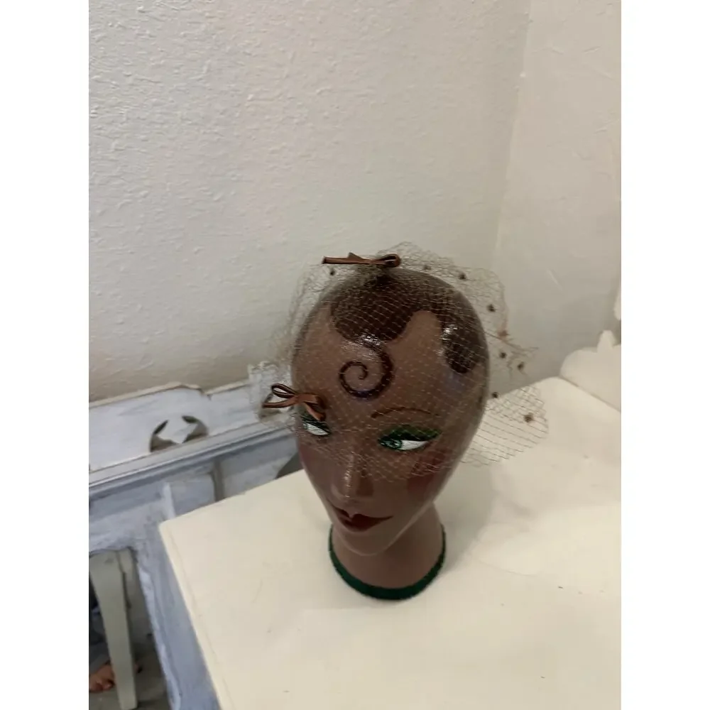 Vintage Netted Veil Bows Brown Polka Dot Headpiece Fascinator